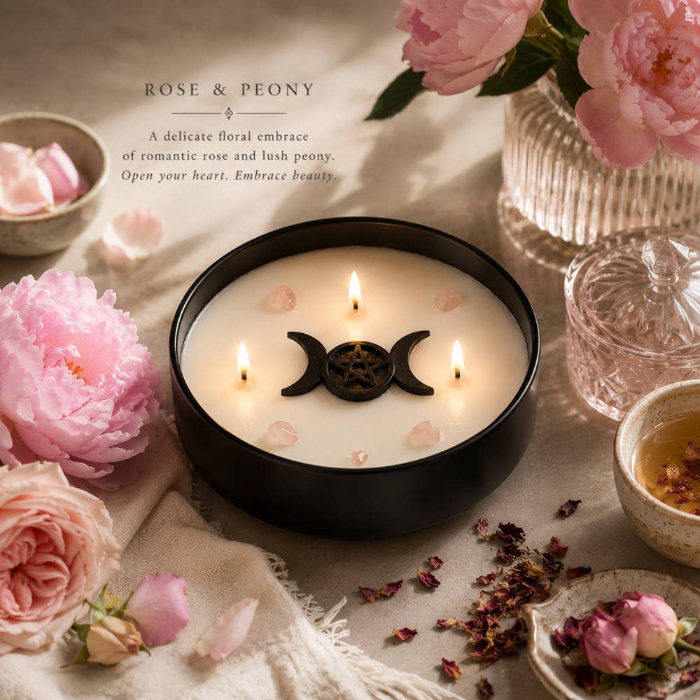 Love Spell – Kristallkerze mit Rose, Pfingstrose & Rosenquarz
