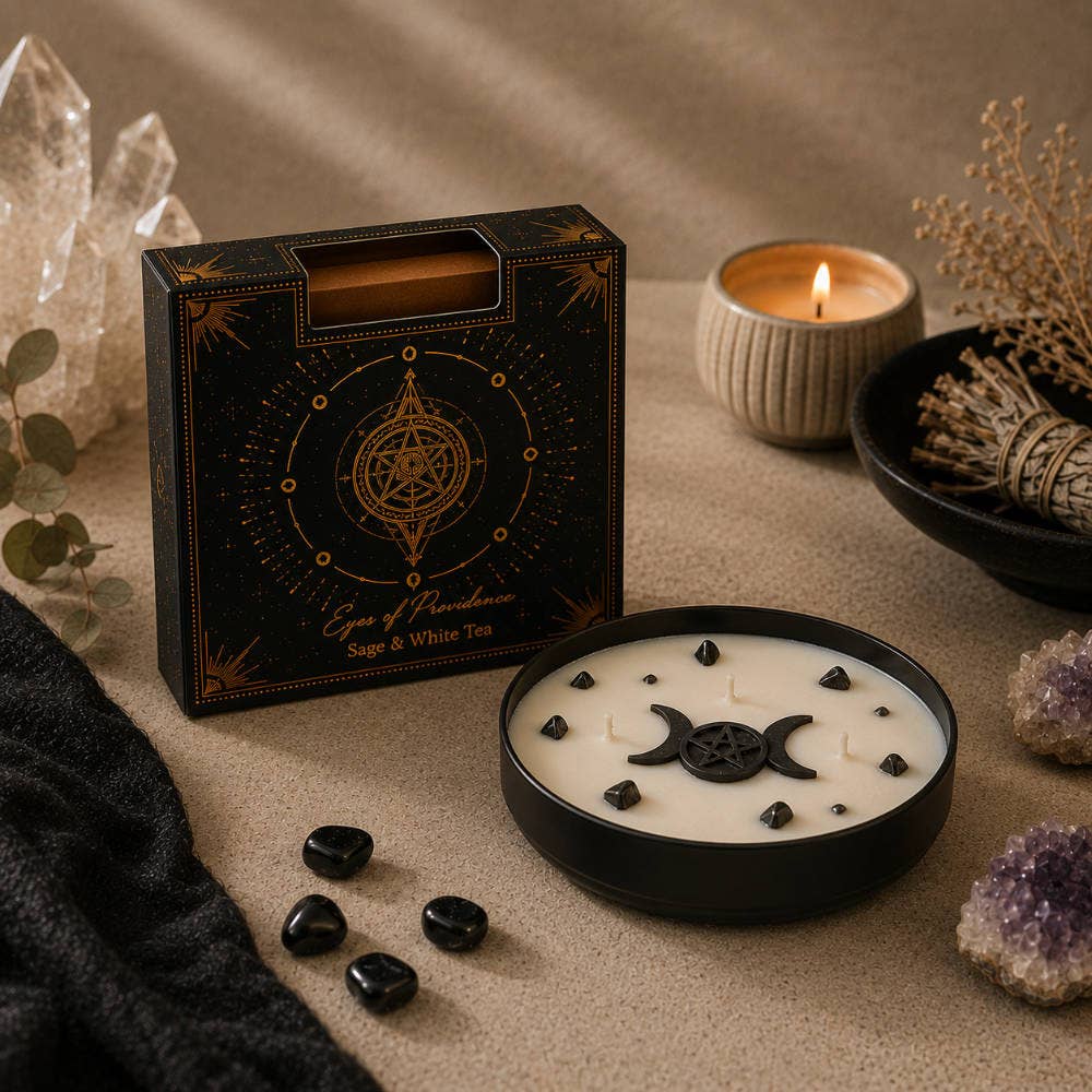 Eye of Providence – Kristallkerze mit Salbei, Weißem Tee & Obsidian