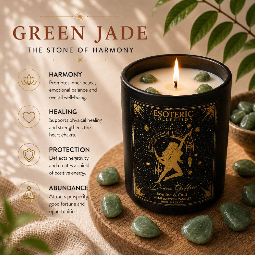 Divine Goddess – Kristallkerze mit Jasmin, Oud & grüner Jade