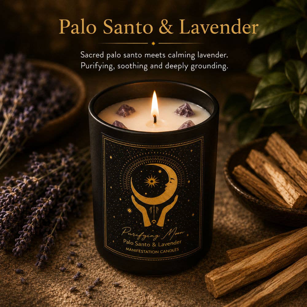 Kristall-Duftkerze Palo Santo & Lavendel mit Amethyst