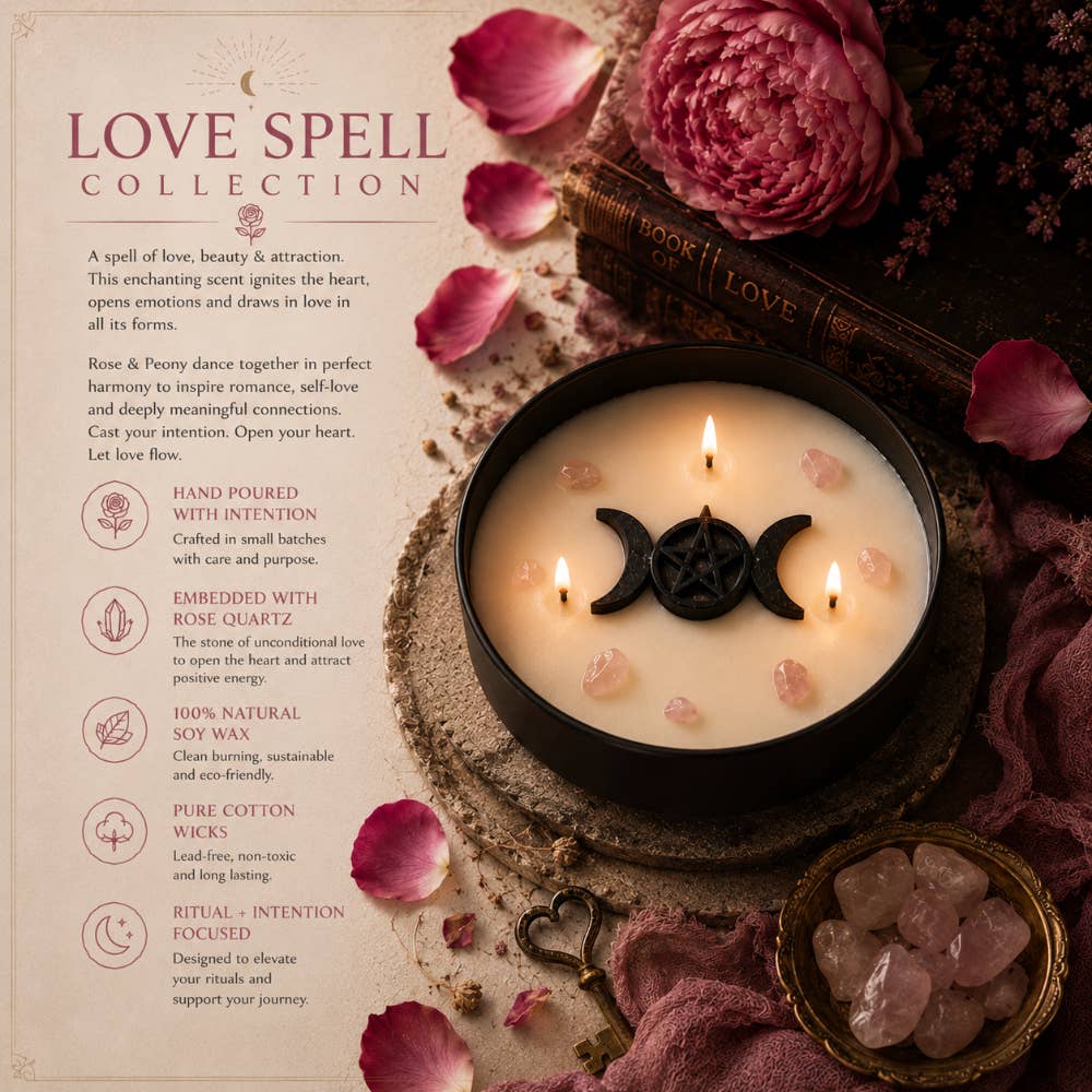 Love Spell – Kristallkerze mit Rose, Pfingstrose & Rosenquarz