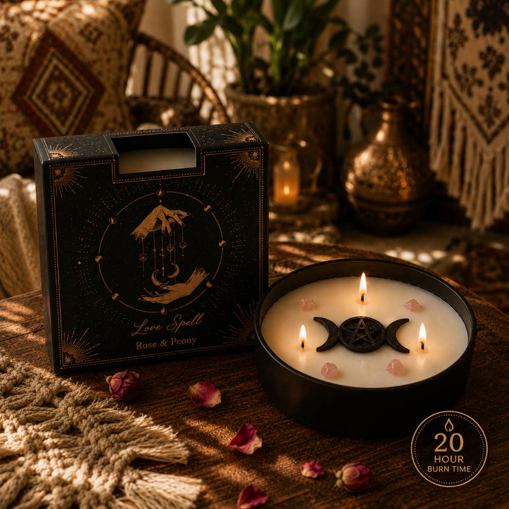 Love Spell – Kristallkerze mit Rose, Pfingstrose & Rosenquarz