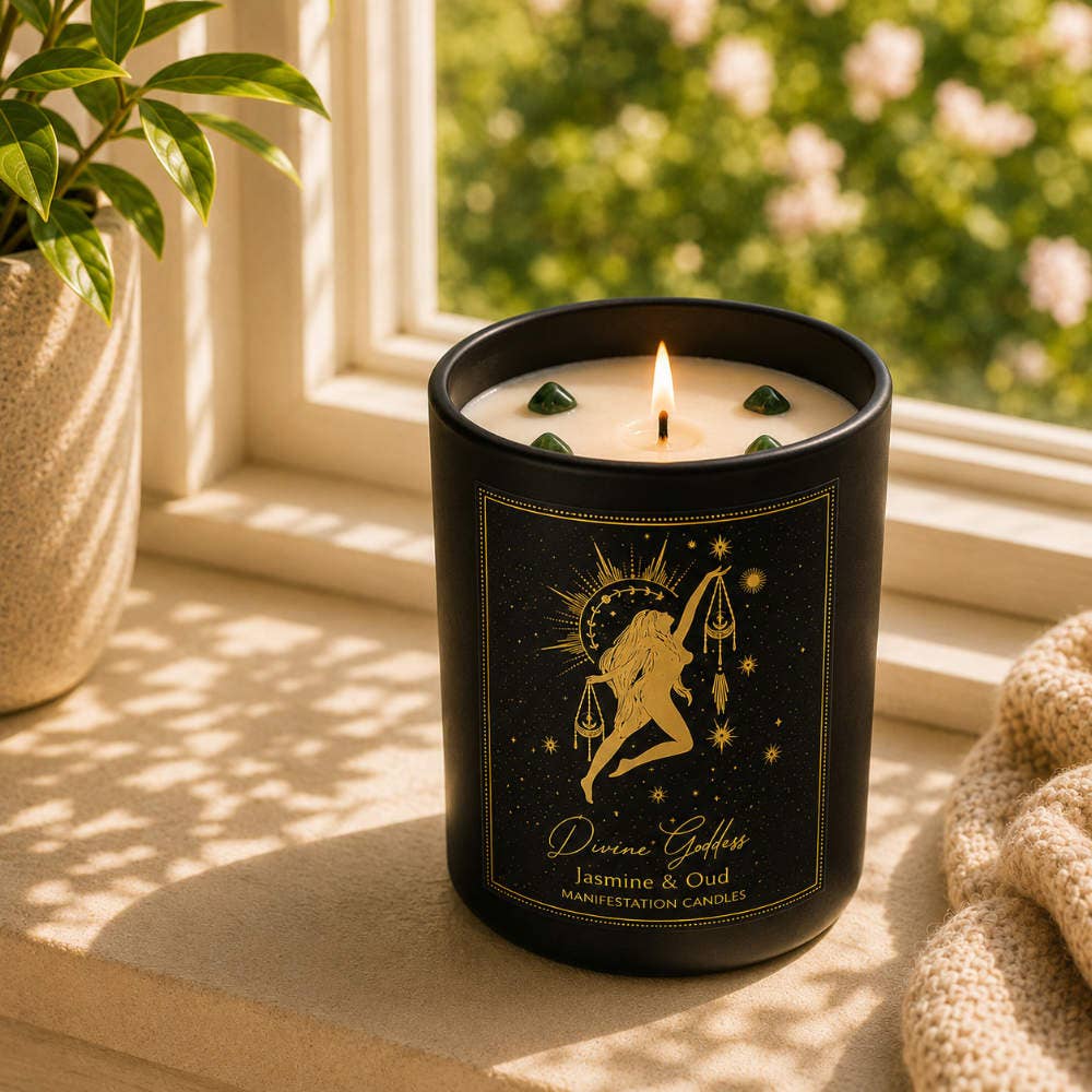 Divine Goddess – Kristallkerze mit Jasmin, Oud & grüner Jade