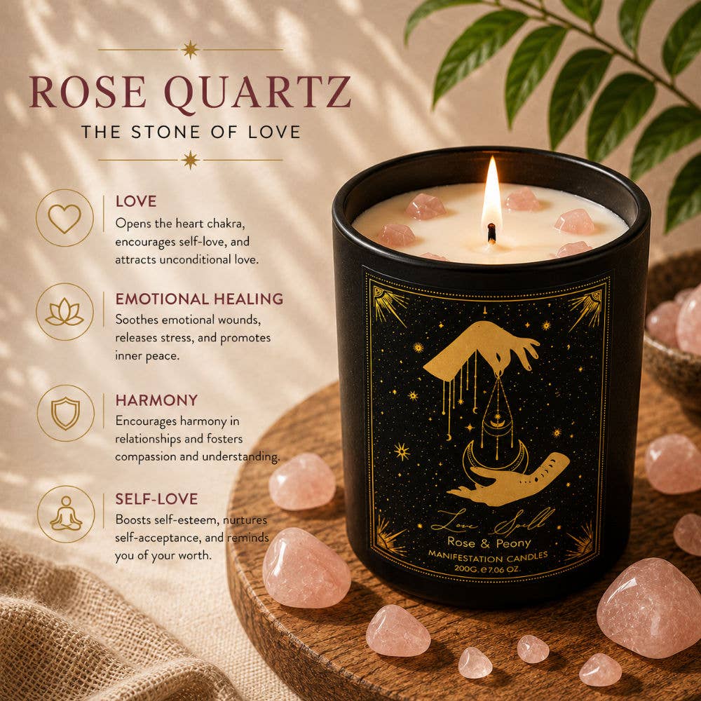 Kristall-Duftkerze Rose & Pfingstrose mit Rosenquarz