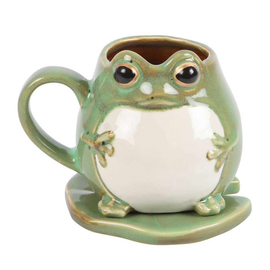 Frosch Tasse aus Keramik mit Seerosenblatt Untersetzer