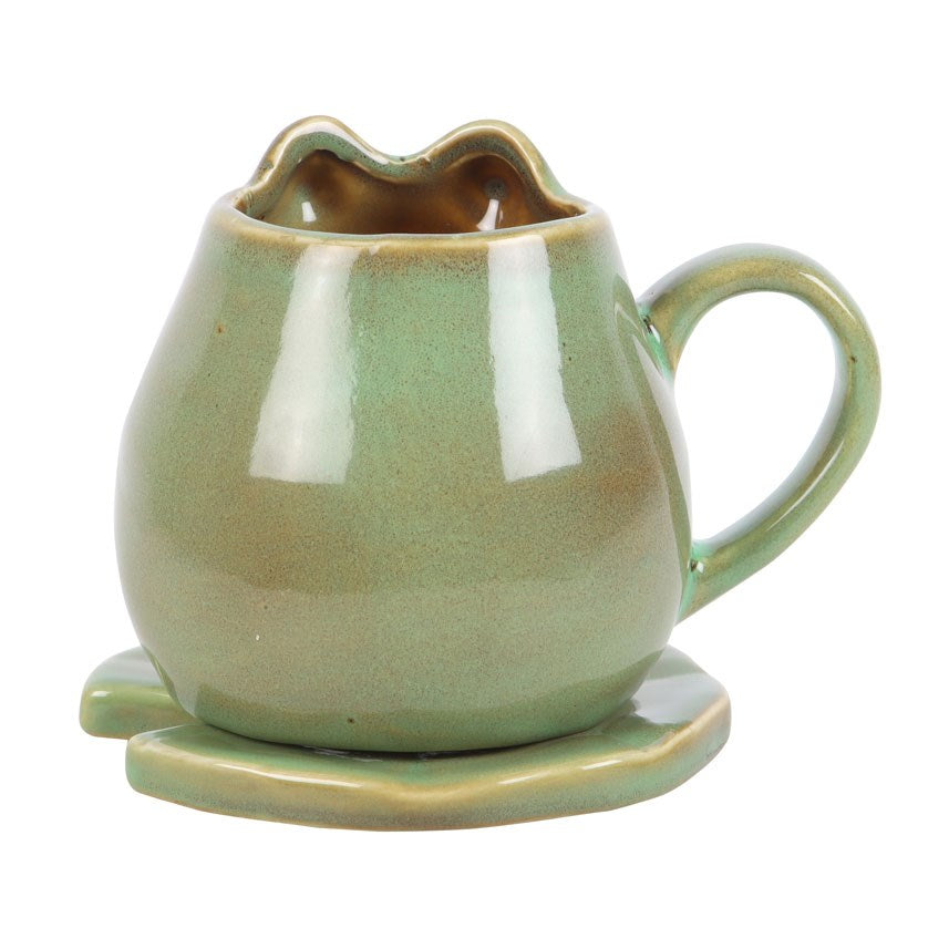 Frosch Tasse aus Keramik mit Seerosenblatt Untersetzer