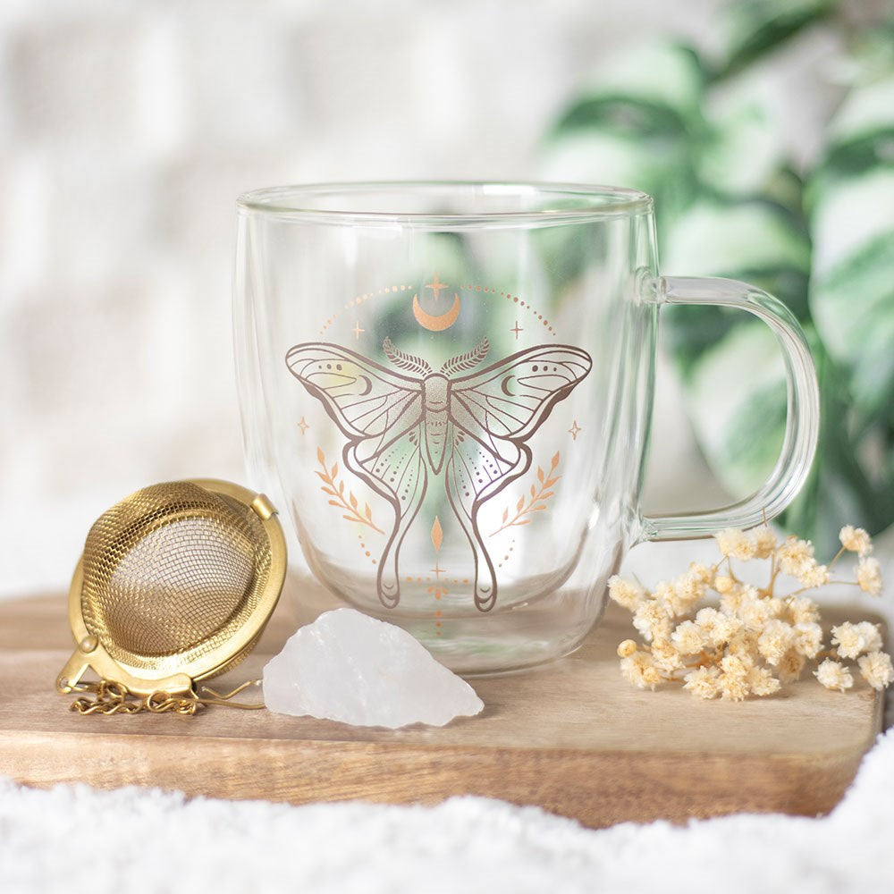 Doppelwandiger Glasbecher mit Luna Motte & Quarz-Teesieb