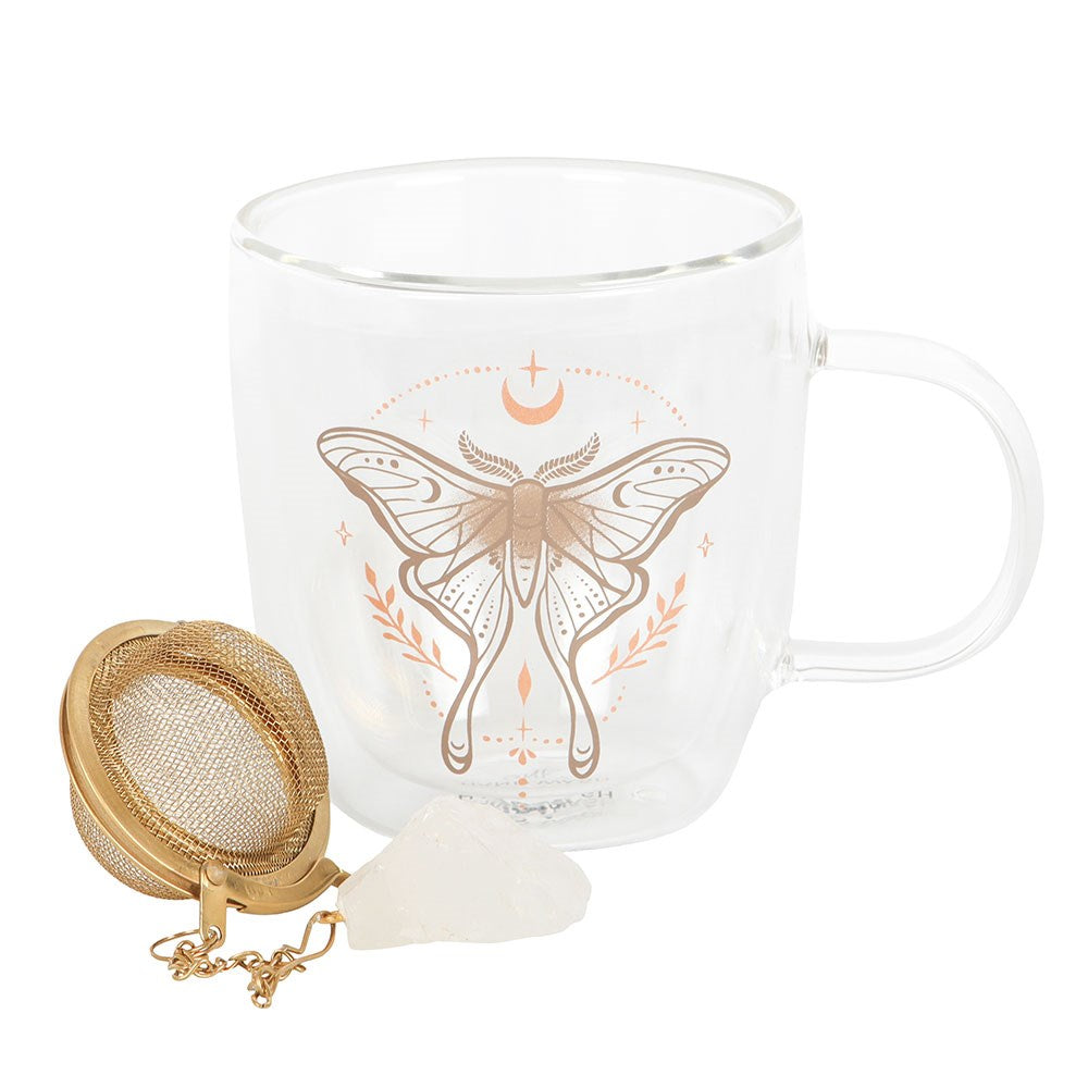 Doppelwandiger Glasbecher mit Luna Motte & Quarz-Teesieb