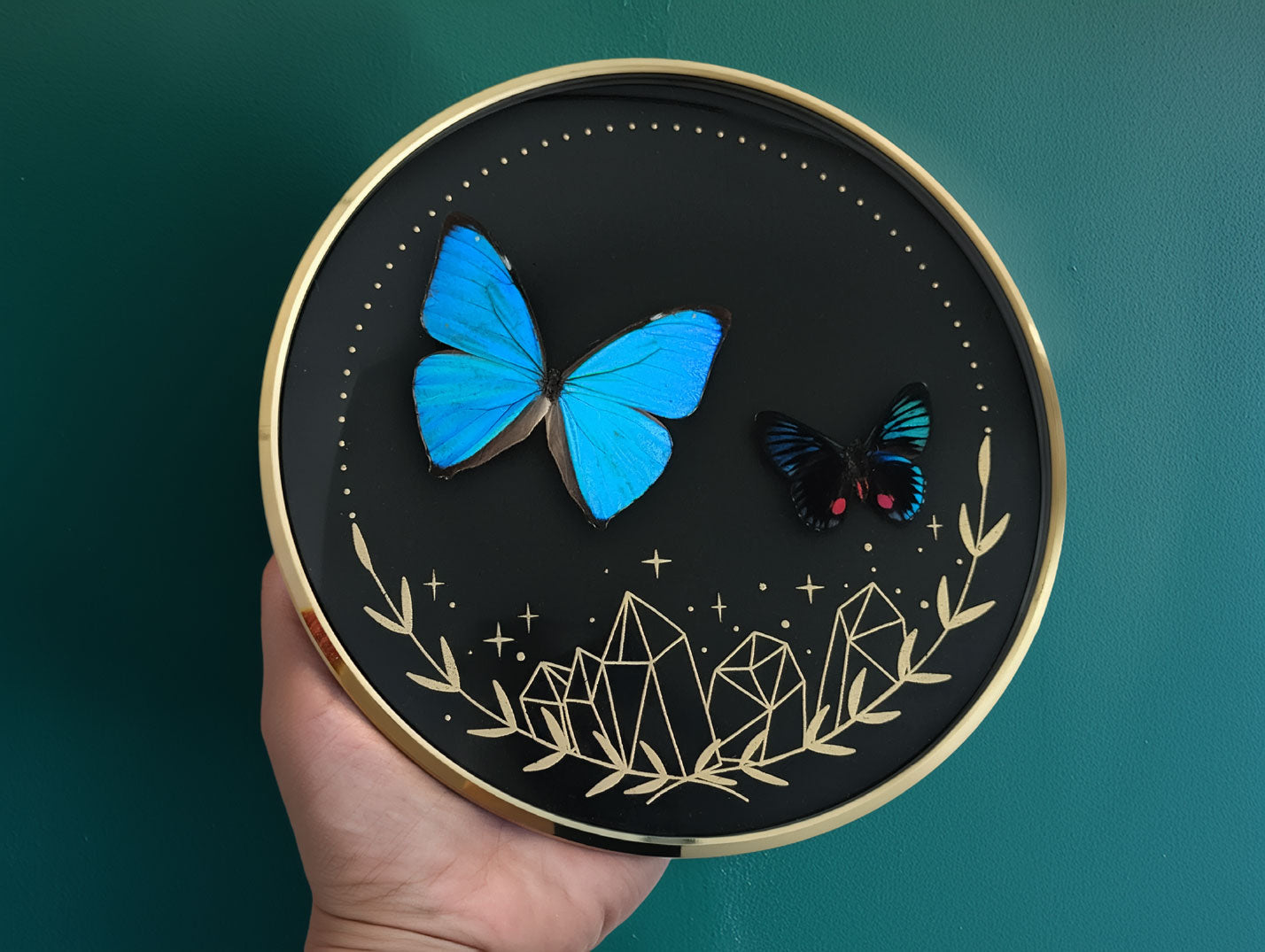 Echte Schmetterlinge im Vintage Messing Rahmen mit Goldprint