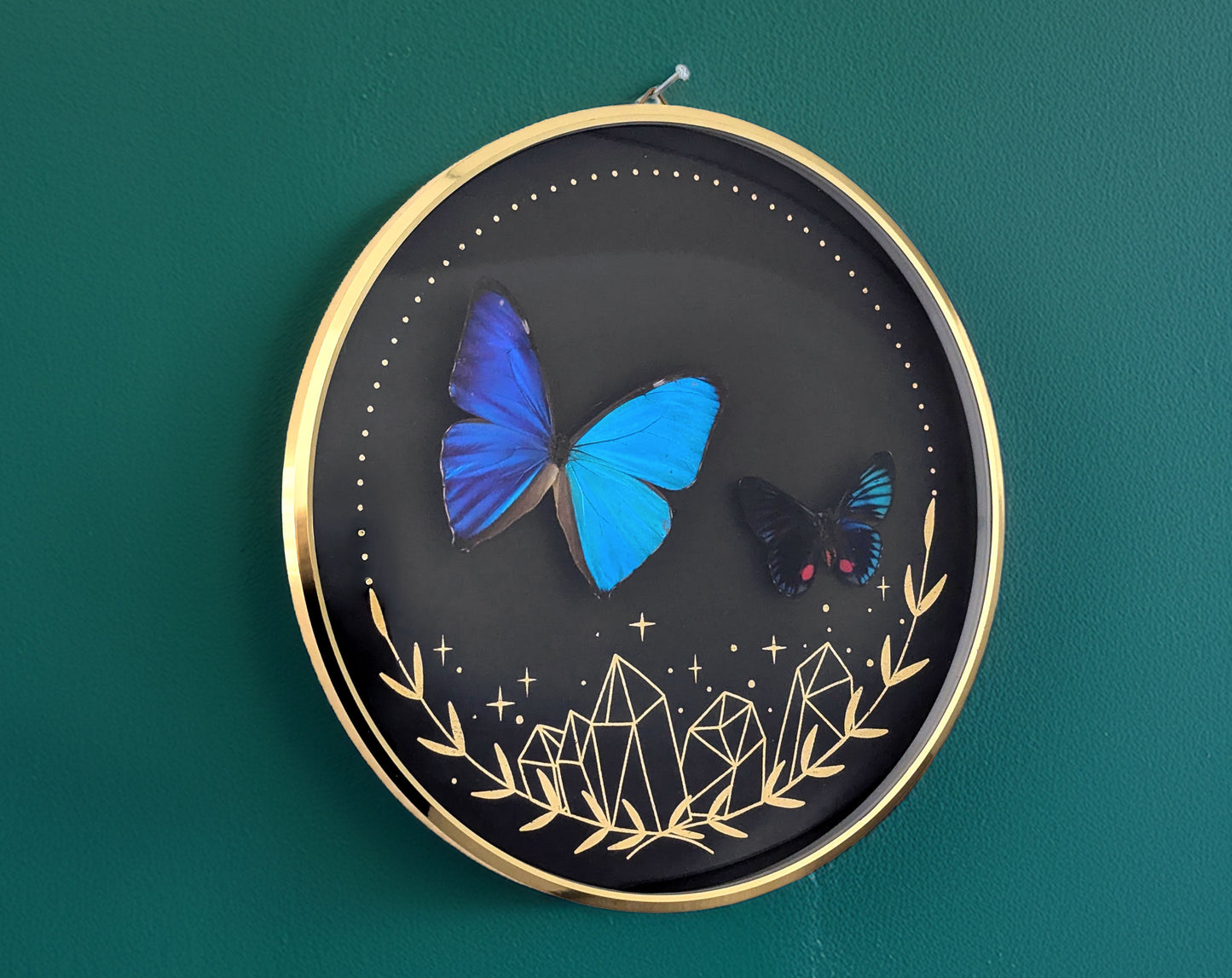 Echte Schmetterlinge im Vintage Messing Rahmen mit Goldprint