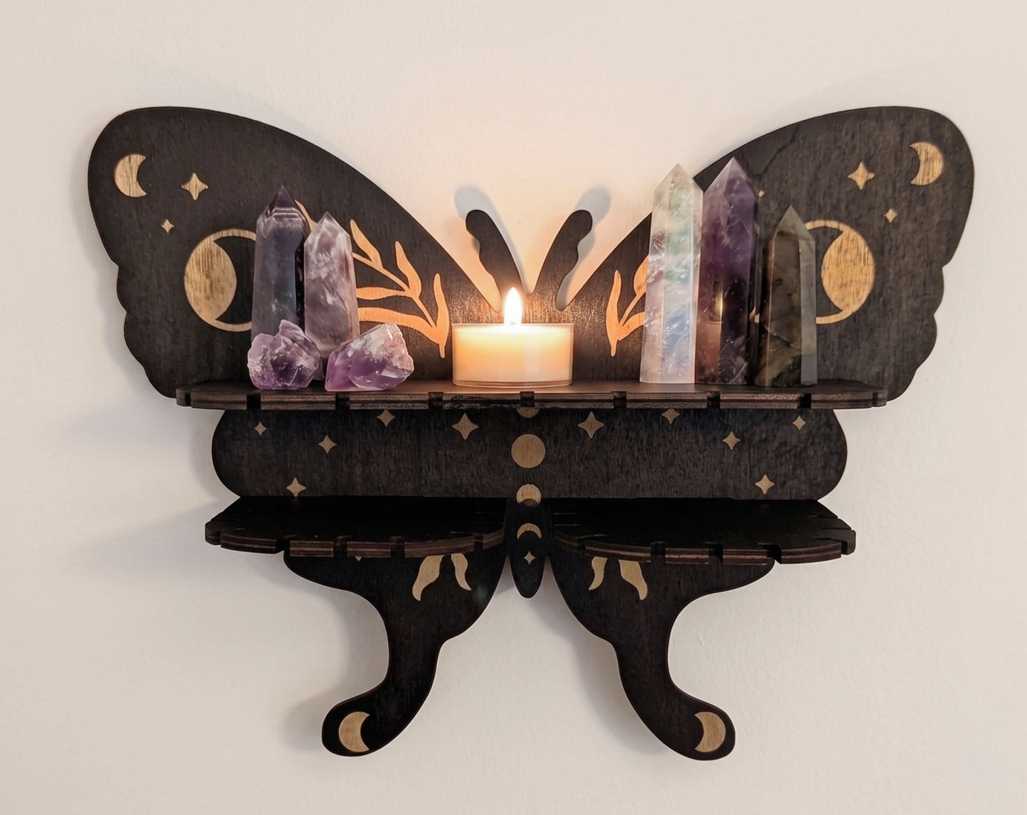 Kleines Motten Wandregal mit Mond und Sternen | Kristall Altar Schmuckhalter