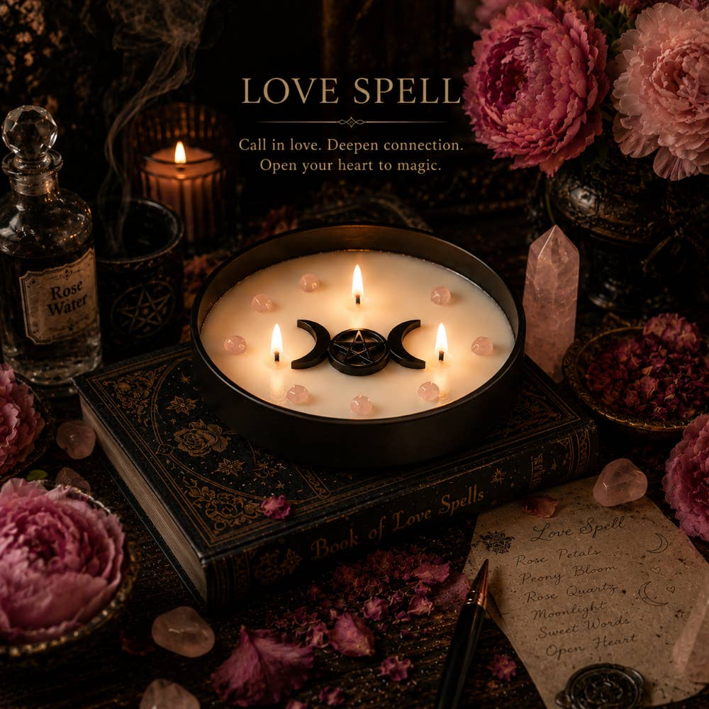 Love Spell – Kristallkerze mit Rose, Pfingstrose & Rosenquarz