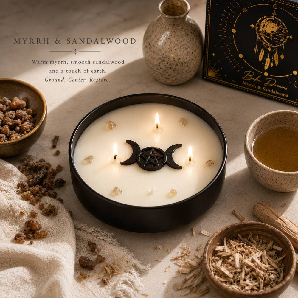 Boho Dreams – Kristallkerze mit Myrrhe, Sandelholz & Quarz