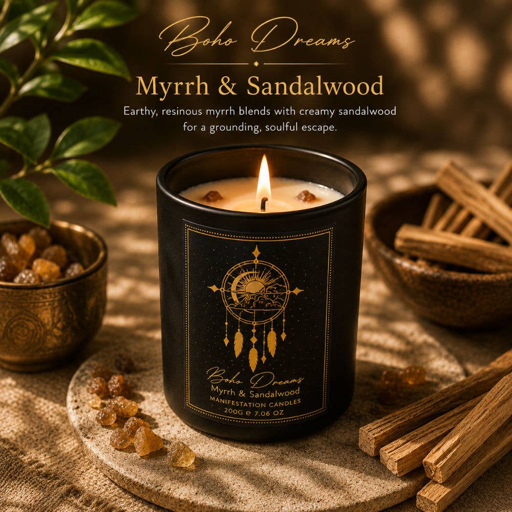 Candle with Gemstone Boho-Dreams Myrrh/Sandalwood