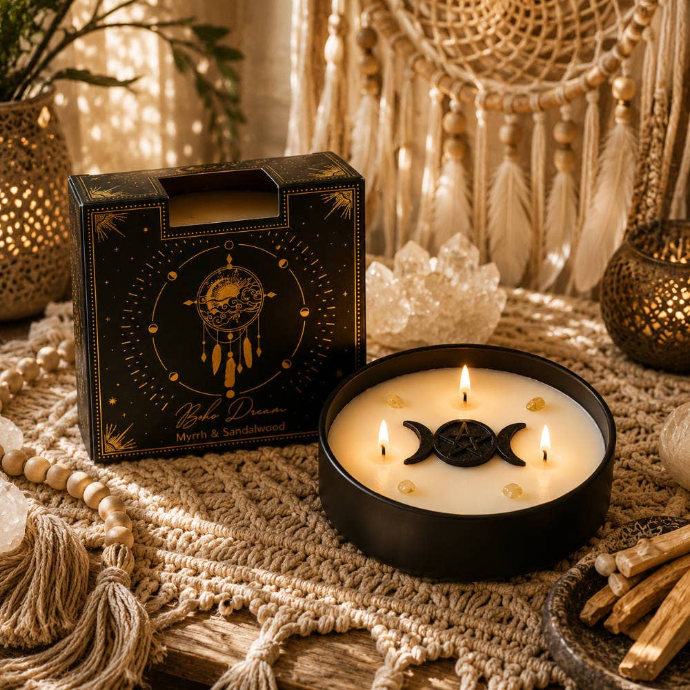 Boho Dreams – Kristallkerze mit Myrrhe, Sandelholz & Quarz