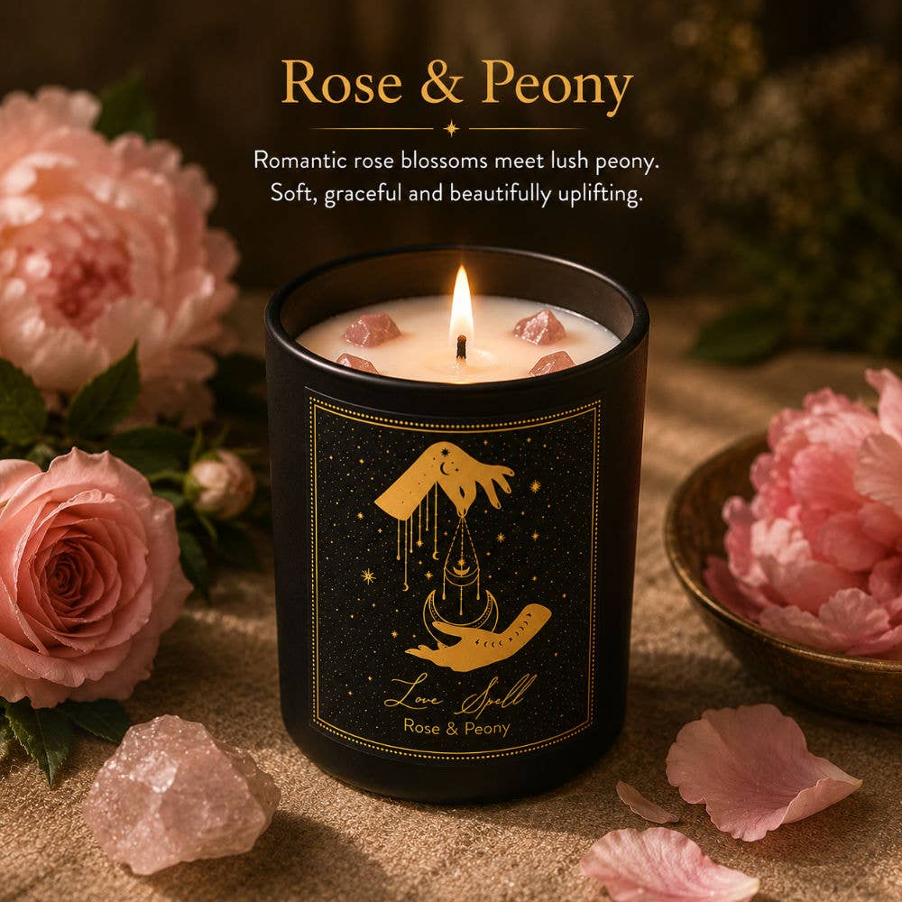 Kristall-Duftkerze Rose & Pfingstrose mit Rosenquarz
