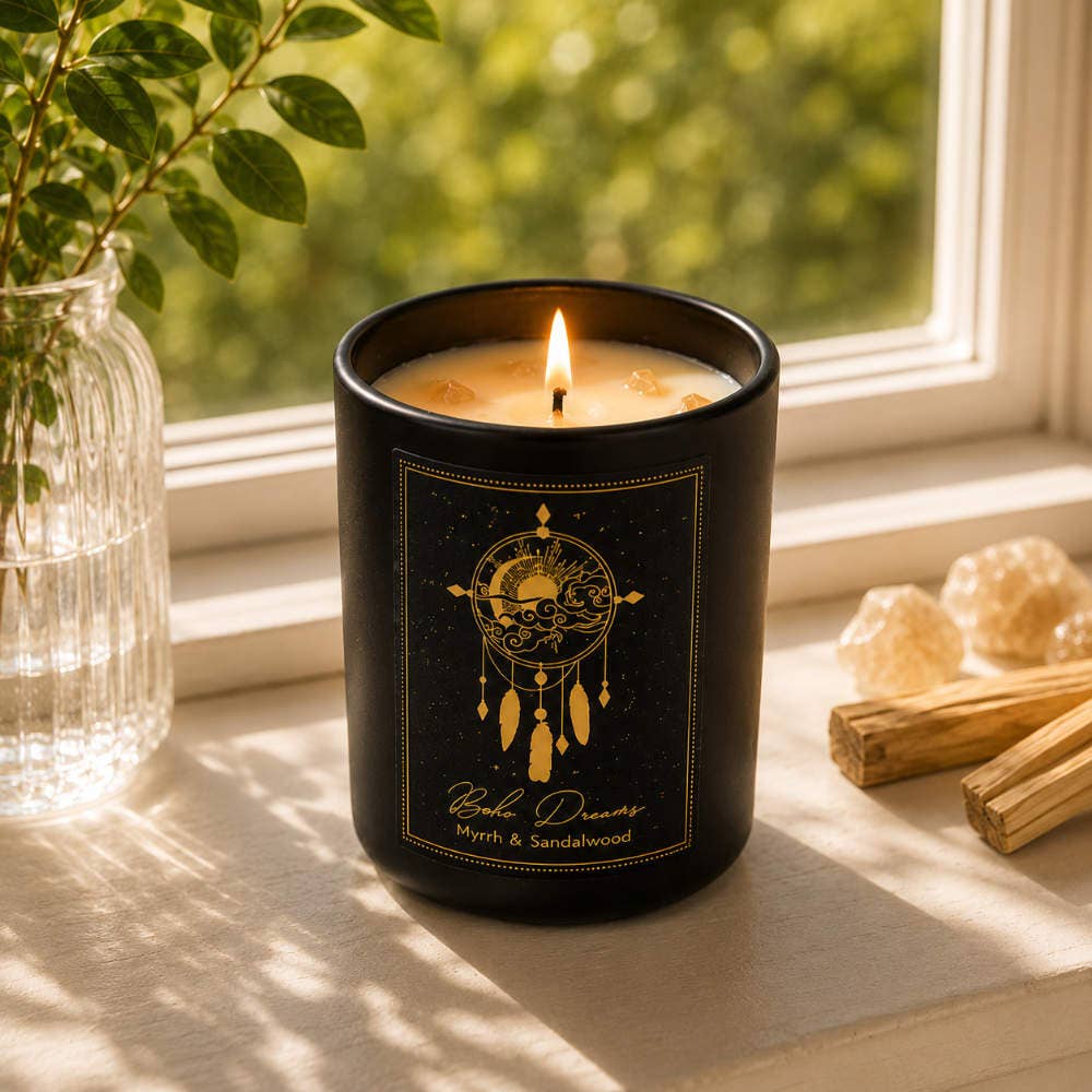 Candle with Gemstone Boho-Dreams Myrrh/Sandalwood