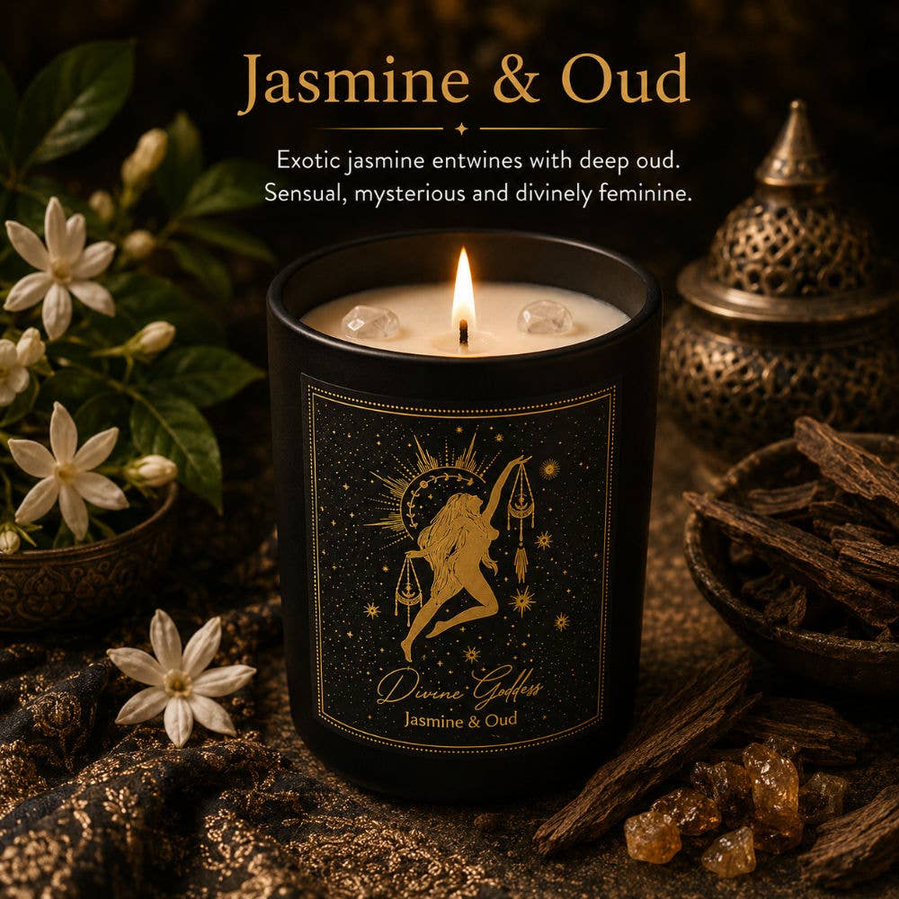 Divine Goddess – Kristallkerze mit Jasmin, Oud & grüner Jade